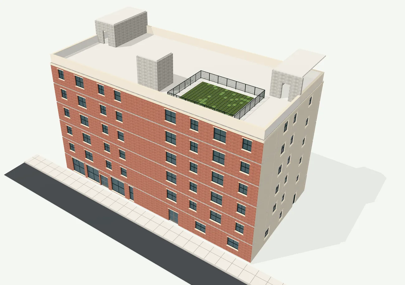 Your Project in 3D: six storeys of brick with a green roof, bulkheads, the sidewalk and the street.